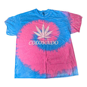 Colortone - Multi Color Tie Die -Colorado 420 Leaf T Shirt - Size XL- Pink/Blue